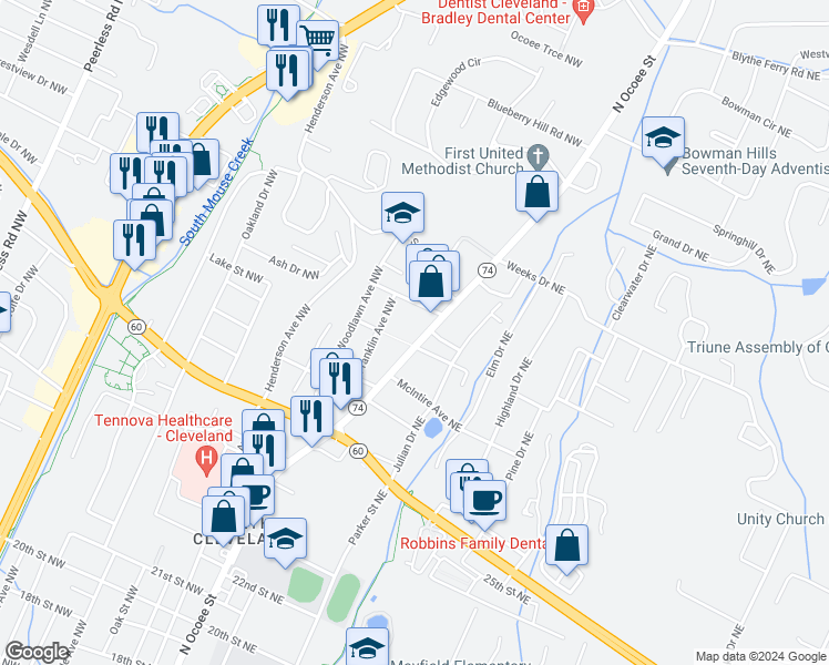 map of restaurants, bars, coffee shops, grocery stores, and more near 2911 North Ocoee Street in Cleveland