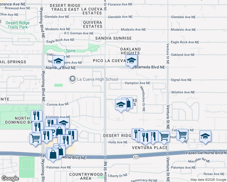 map of restaurants, bars, coffee shops, grocery stores, and more near 8424 Vineyard Ridge Court Northeast in Albuquerque