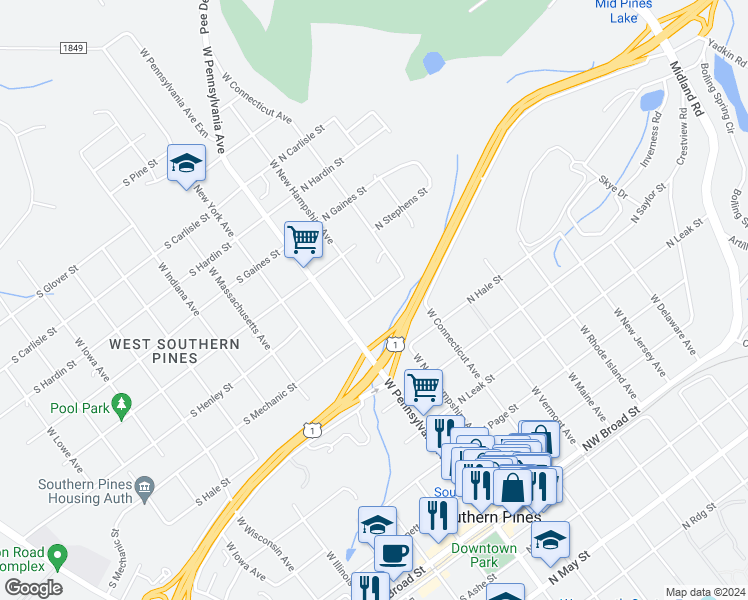 map of restaurants, bars, coffee shops, grocery stores, and more near 199 North Mechanic Street in Southern Pines