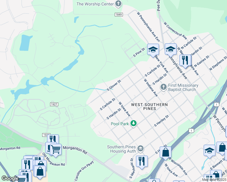 map of restaurants, bars, coffee shops, grocery stores, and more near 1275 West Iowa Avenue in Southern Pines