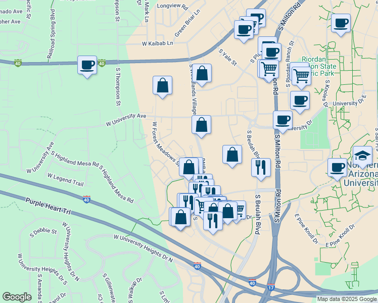 map of restaurants, bars, coffee shops, grocery stores, and more near 2109 South Linmar Court in Flagstaff