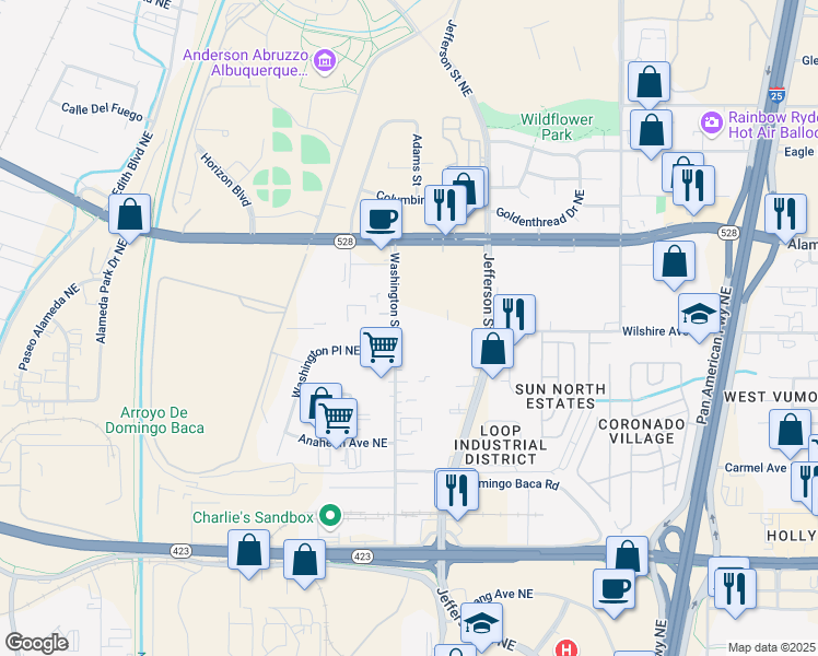 map of restaurants, bars, coffee shops, grocery stores, and more near 8500 Washington Street Northeast in Albuquerque