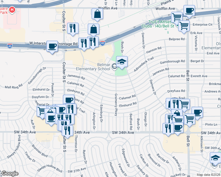 map of restaurants, bars, coffee shops, grocery stores, and more near 2800-2898 Gramercy Parkway in Amarillo