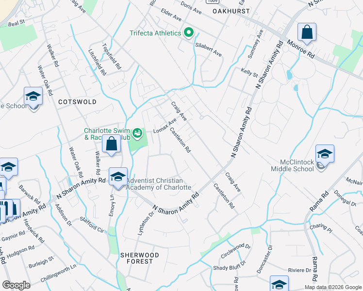 map of restaurants, bars, coffee shops, grocery stores, and more near 4305 Wordsworth Lane in Charlotte
