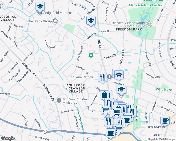 map of restaurants, bars, coffee shops, grocery stores, and more near 1400 Byerly Court in Charlotte