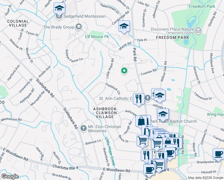 map of restaurants, bars, coffee shops, grocery stores, and more near 1320 Ashbrook Place in Charlotte