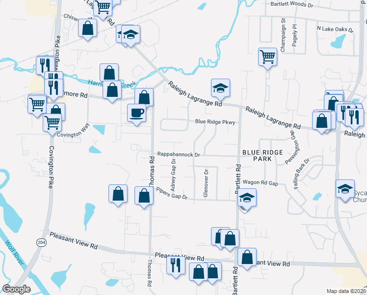 map of restaurants, bars, coffee shops, grocery stores, and more near 5365 Rappahannock Drive in Memphis