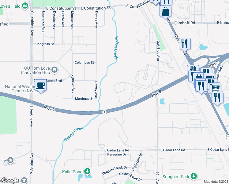 map of restaurants, bars, coffee shops, grocery stores, and more near 3220 Marshall Avenue in Norman