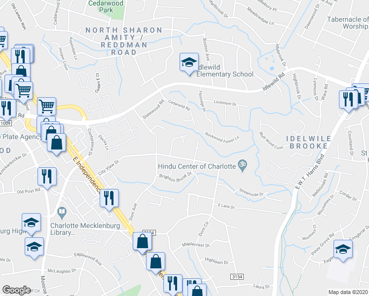 map of restaurants, bars, coffee shops, grocery stores, and more near 7220 Golden Glow Court in Charlotte