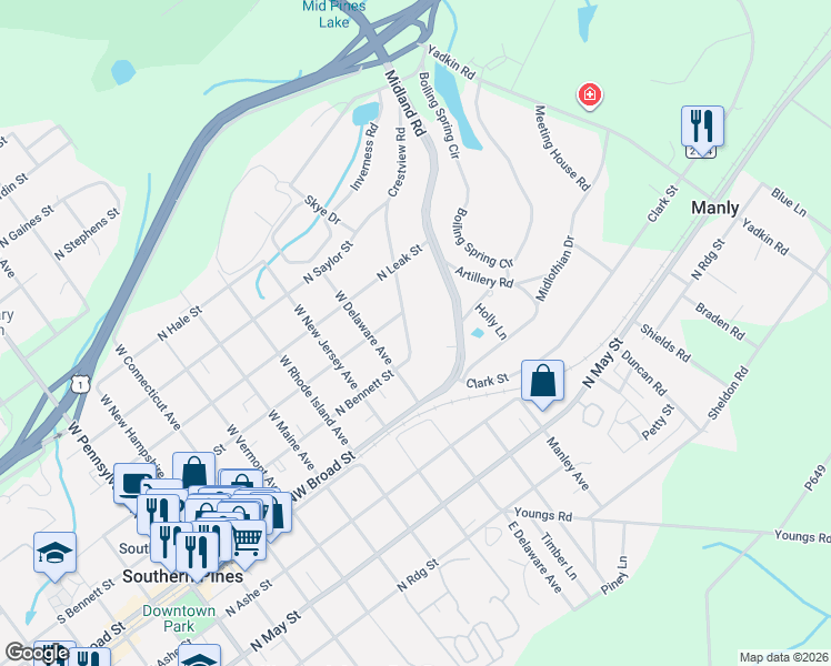 map of restaurants, bars, coffee shops, grocery stores, and more near 845 North Bennett Street in Southern Pines