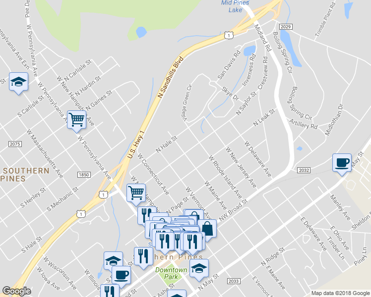 map of restaurants, bars, coffee shops, grocery stores, and more near 505 West Maine Avenue in Southern Pines