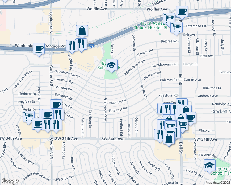 map of restaurants, bars, coffee shops, grocery stores, and more near 6310 Calumet Road in Amarillo