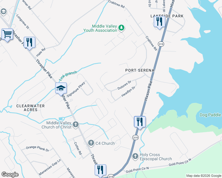 map of restaurants, bars, coffee shops, grocery stores, and more near 191 Headlyn Drive in Middle Valley
