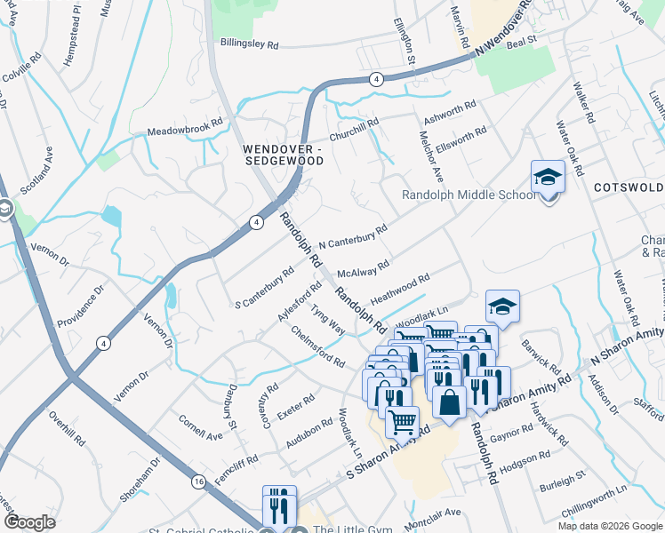 map of restaurants, bars, coffee shops, grocery stores, and more near 1101 Aylesford Road in Charlotte