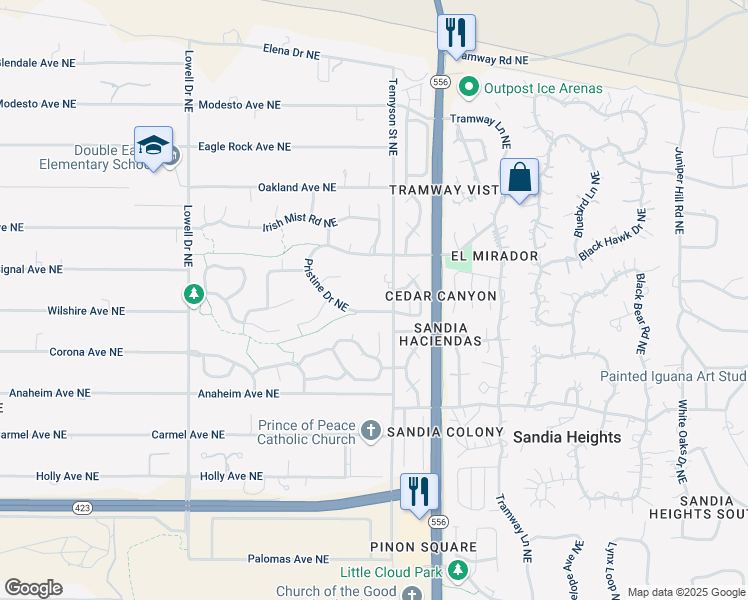 map of restaurants, bars, coffee shops, grocery stores, and more near 7311 New Dawn Court Northeast in Albuquerque