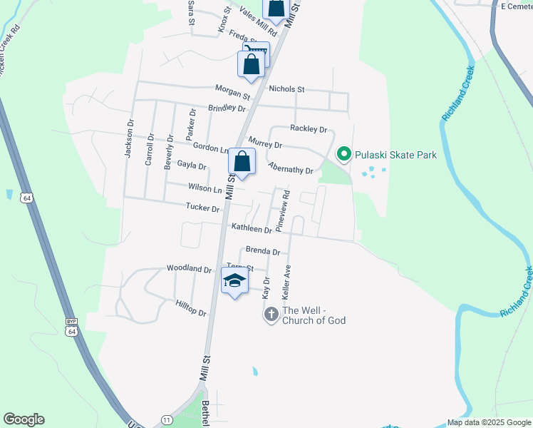 map of restaurants, bars, coffee shops, grocery stores, and more near 1403 Brandywine Avenue in Pulaski