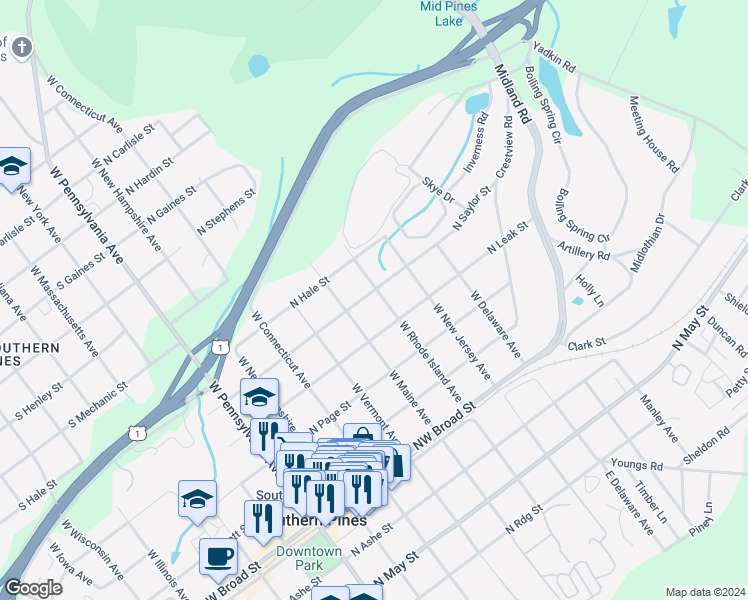 map of restaurants, bars, coffee shops, grocery stores, and more near 545 North Saylor Street in Southern Pines