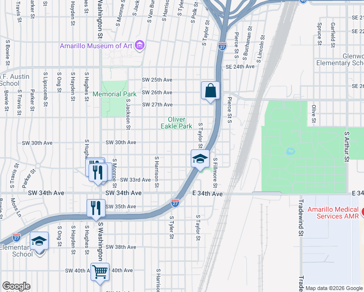 map of restaurants, bars, coffee shops, grocery stores, and more near 2904-2908 South Polk Street in Amarillo