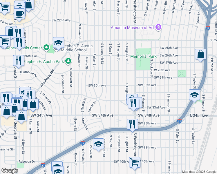 map of restaurants, bars, coffee shops, grocery stores, and more near 2815 South Lipscomb Street in Amarillo