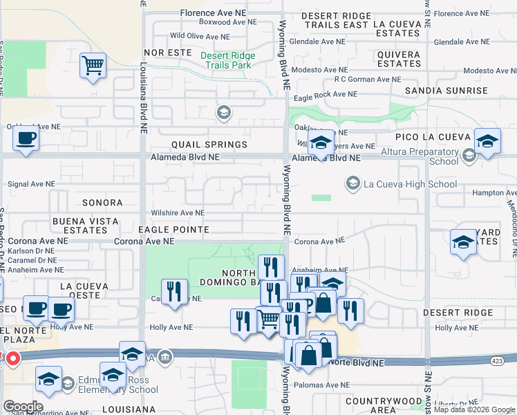 map of restaurants, bars, coffee shops, grocery stores, and more near 8632 Desert Dusk Court Northwest in Albuquerque