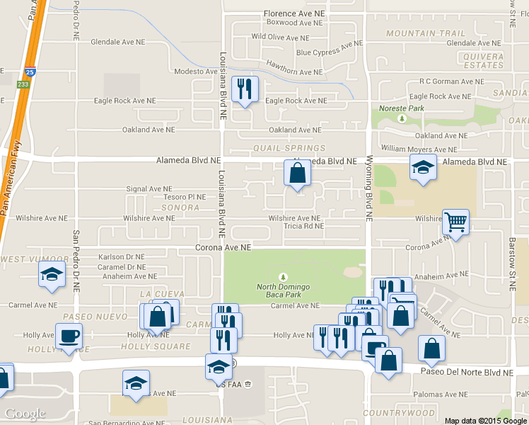 map of restaurants, bars, coffee shops, grocery stores, and more near 142 Elk Creek Road Northeast in Albuquerque