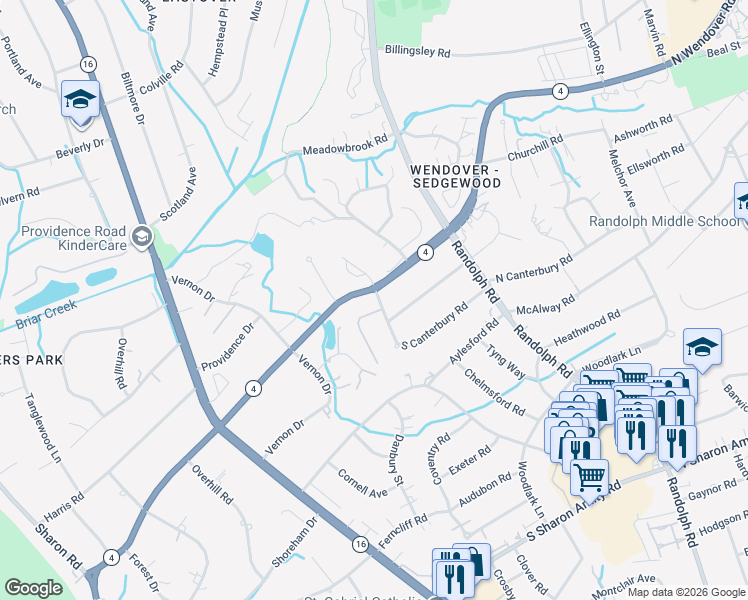 map of restaurants, bars, coffee shops, grocery stores, and more near 304 South Canterbury Road in Charlotte