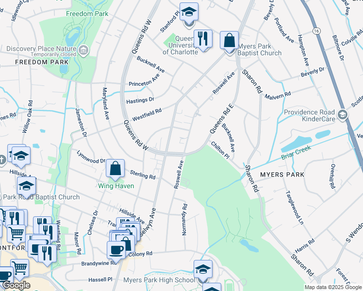 map of restaurants, bars, coffee shops, grocery stores, and more near 2310 Roswell Avenue in Charlotte