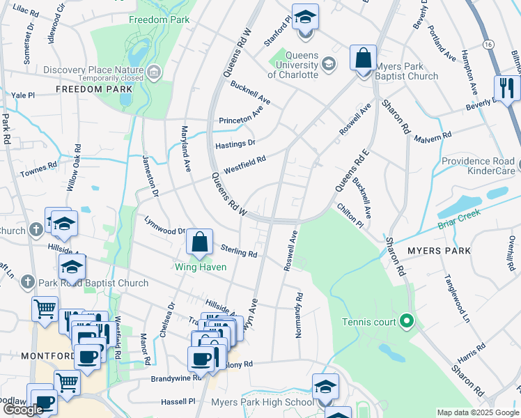 map of restaurants, bars, coffee shops, grocery stores, and more near 2318 Selwyn Avenue in Charlotte