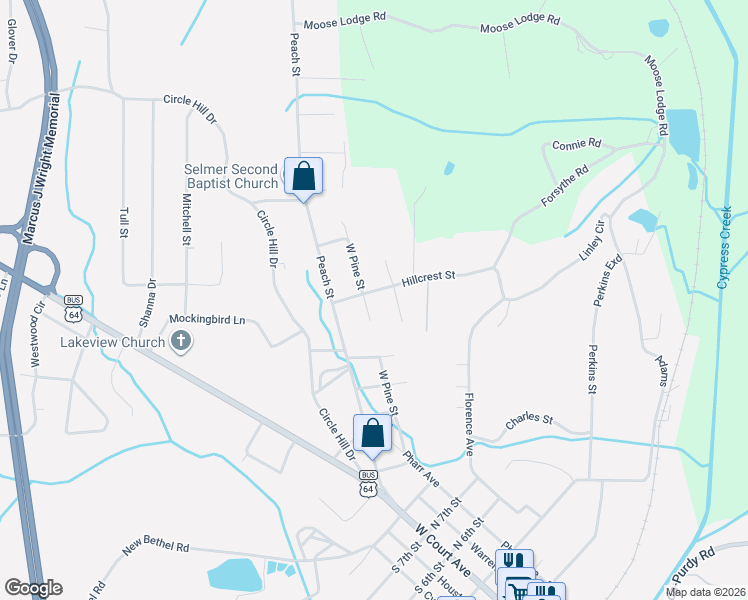 map of restaurants, bars, coffee shops, grocery stores, and more near 274 Hillcrest Street in Selmer