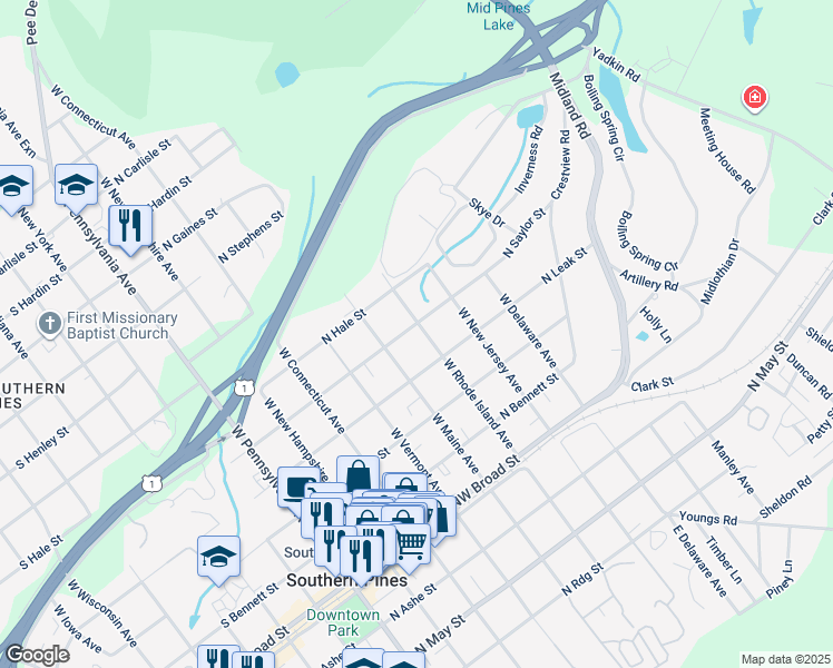 map of restaurants, bars, coffee shops, grocery stores, and more near 545 North Saylor Street in Southern Pines