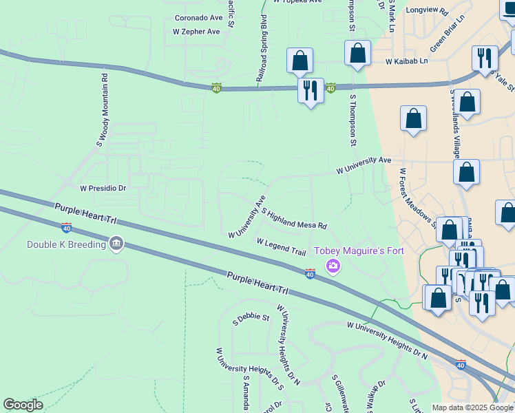 map of restaurants, bars, coffee shops, grocery stores, and more near West University Avenue & South Highland Mesa Road in Flagstaff