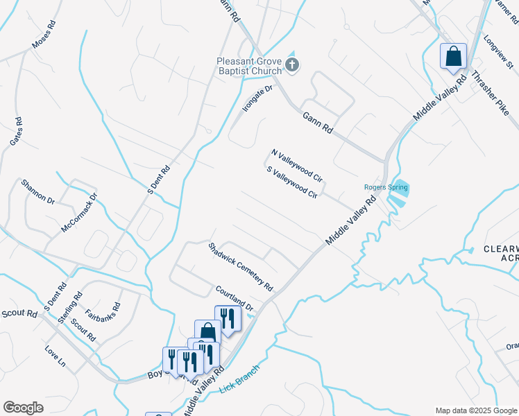 map of restaurants, bars, coffee shops, grocery stores, and more near 1365 Meadowood Drive in Middle Valley