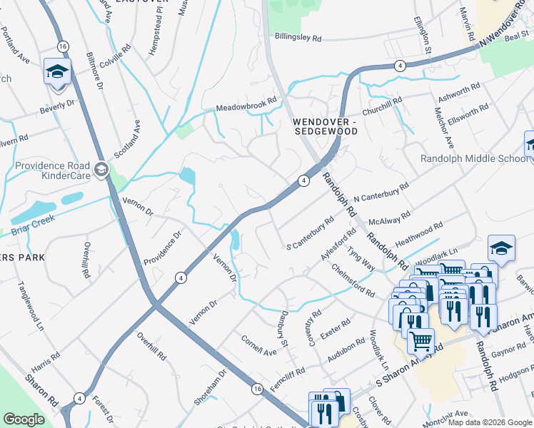 map of restaurants, bars, coffee shops, grocery stores, and more near 304 South Canterbury Road in Charlotte