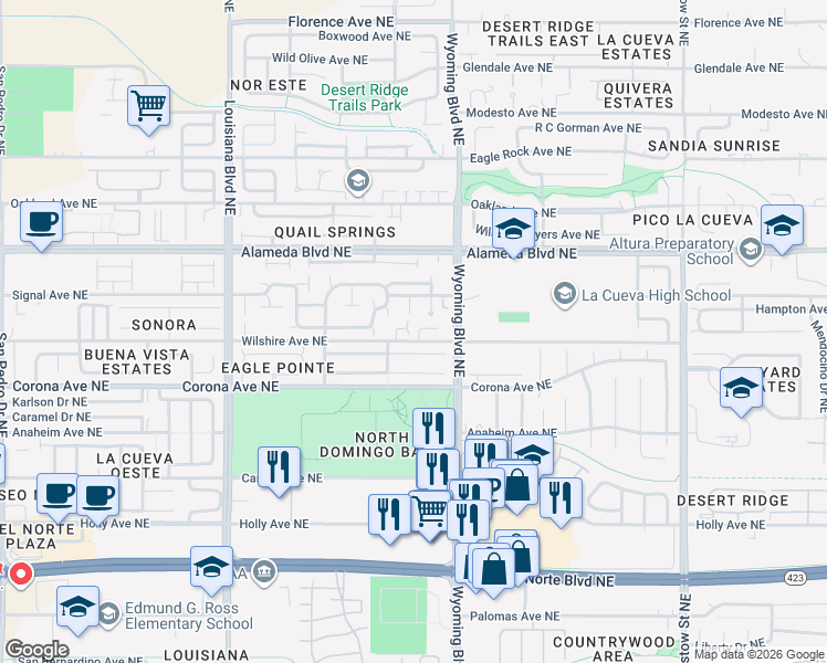 map of restaurants, bars, coffee shops, grocery stores, and more near 8632 Desert Dusk Court Northwest in Albuquerque