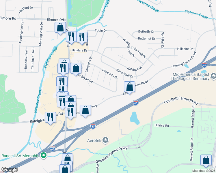 map of restaurants, bars, coffee shops, grocery stores, and more near 2065 Lauren Lane in Memphis