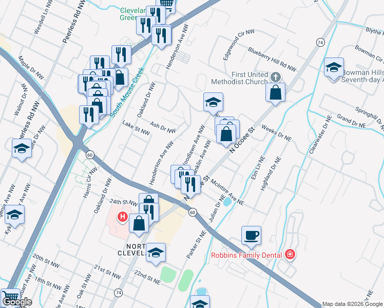 map of restaurants, bars, coffee shops, grocery stores, and more near 2903 Woodlawn Avenue Northwest in Cleveland