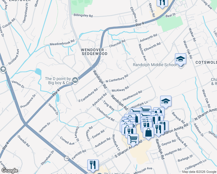 map of restaurants, bars, coffee shops, grocery stores, and more near 124 North Canterbury Road in Charlotte