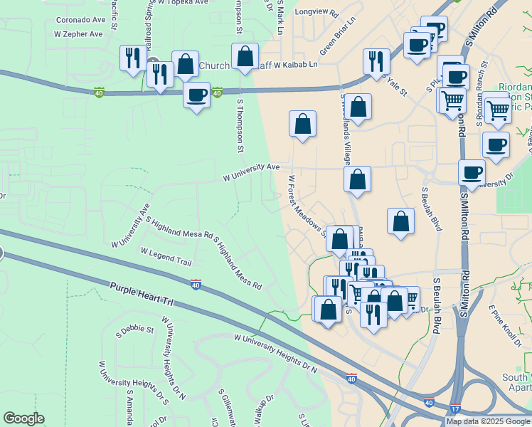 map of restaurants, bars, coffee shops, grocery stores, and more near 1385 West University Avenue in Flagstaff