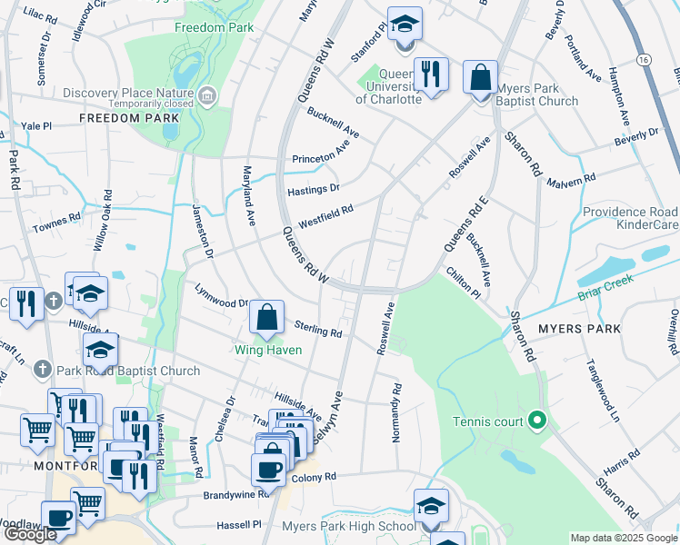 map of restaurants, bars, coffee shops, grocery stores, and more near 2350 Croydon Road in Charlotte
