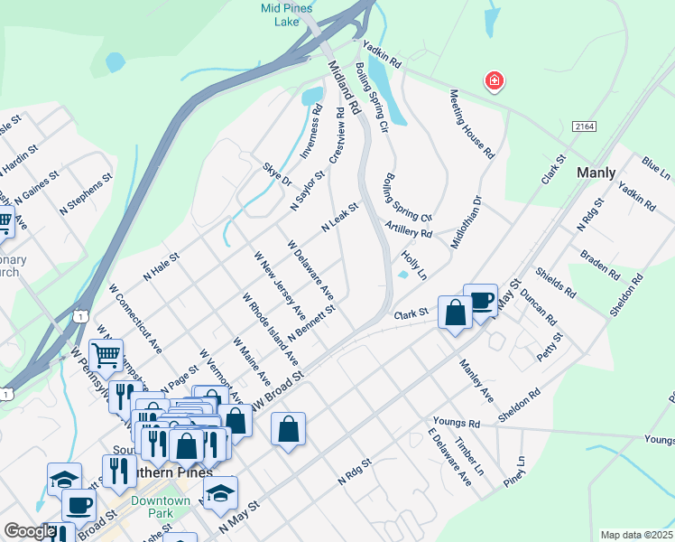 map of restaurants, bars, coffee shops, grocery stores, and more near 865 North Page Street in Southern Pines