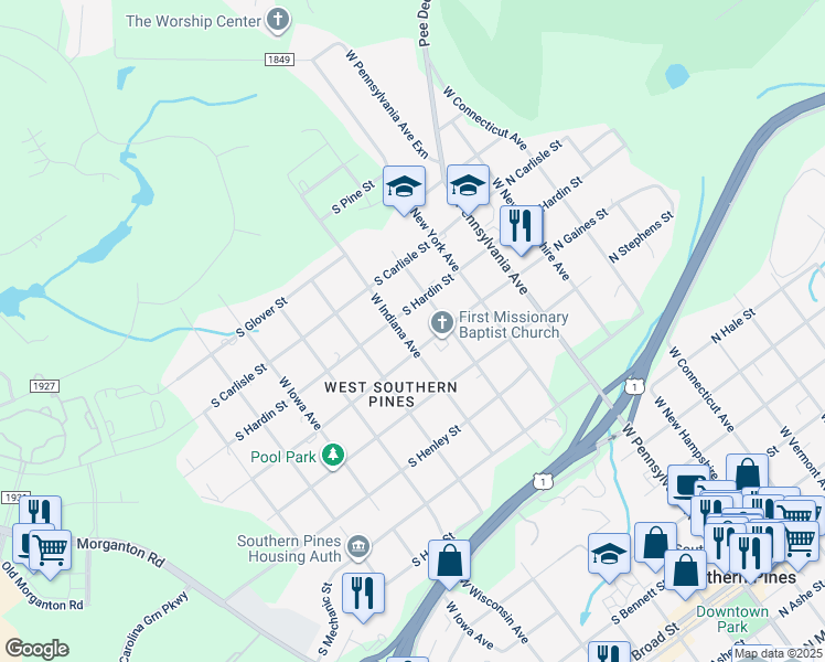 map of restaurants, bars, coffee shops, grocery stores, and more near 1053 West Indiana Avenue in Southern Pines