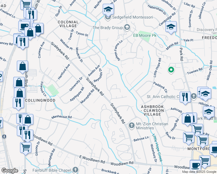 map of restaurants, bars, coffee shops, grocery stores, and more near 835 Scaleybark Road in Charlotte