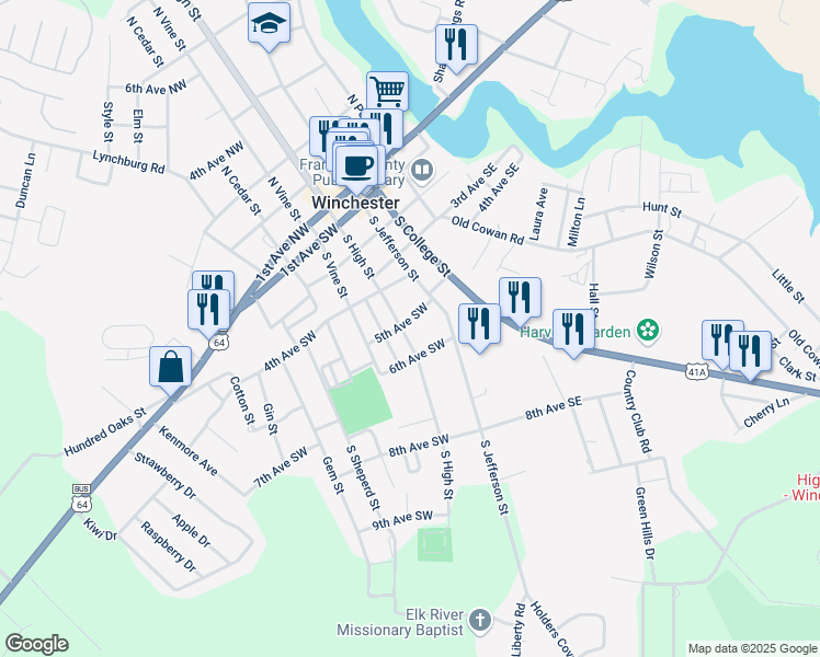 map of restaurants, bars, coffee shops, grocery stores, and more near 411 South High Street in Winchester