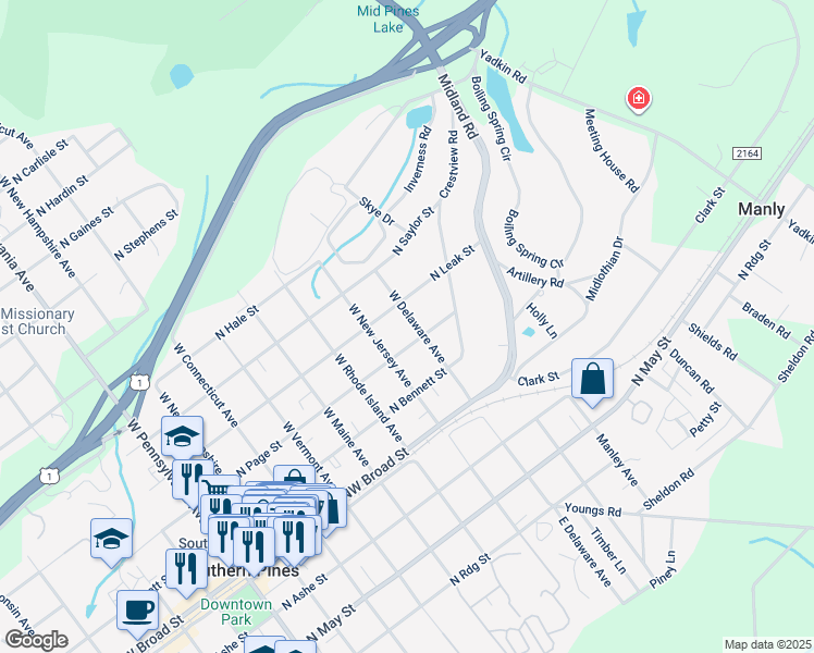 map of restaurants, bars, coffee shops, grocery stores, and more near 340 West Delaware Avenue in Southern Pines