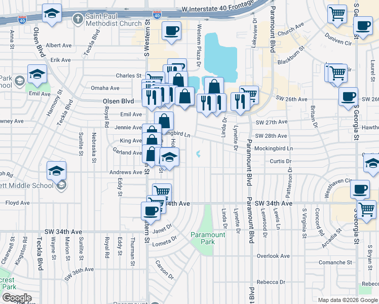 map of restaurants, bars, coffee shops, grocery stores, and more near 3111 Janet Drive in Amarillo