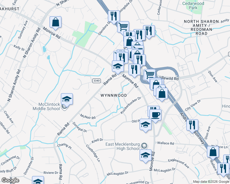 map of restaurants, bars, coffee shops, grocery stores, and more near 6236 Bainbridge Road in Charlotte