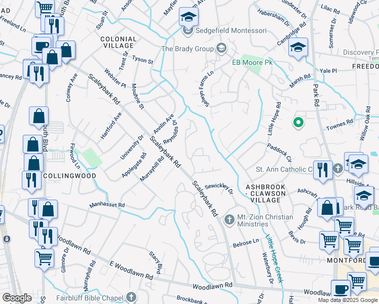 map of restaurants, bars, coffee shops, grocery stores, and more near 835 Scaleybark Road in Charlotte