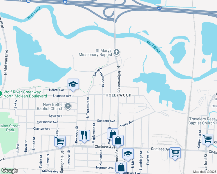map of restaurants, bars, coffee shops, grocery stores, and more near 1696 Oakwood Street in Memphis