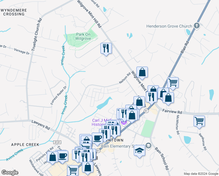 map of restaurants, bars, coffee shops, grocery stores, and more near 7351-7999 Nelson Road in Mint Hill