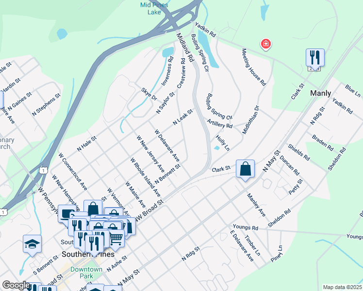 map of restaurants, bars, coffee shops, grocery stores, and more near 865 North Page Street in Southern Pines